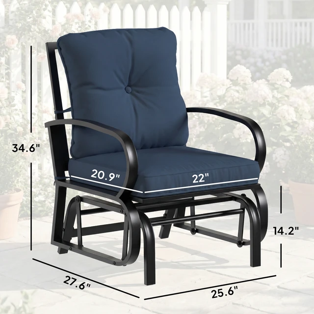 Alt view image 7 of 7 - Outdoor Glider Chair, Patio Glider with Cushions Steel Frame Curved Armrests Single Rocking Chair for Yard Garden