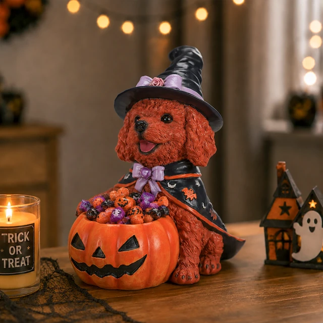 Alt view image 2 of 7 - Halloween Teddy Dog Witch Figurine, Puppy Holding Pumpkin Candy Bowl Decoration, Black Orange-Red Reddish Brown, Resin