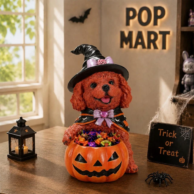 Main image of Halloween Teddy Dog Witch Figurine, Puppy Holding Pumpkin Candy Bowl Decoration, Black Orange-Red Reddish Brown, Resin