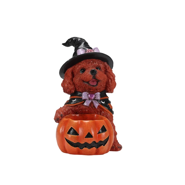 Alt view image 4 of 7 - Halloween Teddy Dog Witch Figurine, Puppy Holding Pumpkin Candy Bowl Decoration, Black Orange-Red Reddish Brown, Resin