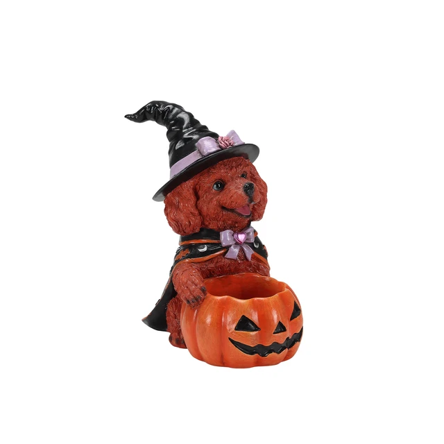 Alt view image 6 of 7 - Halloween Teddy Dog Witch Figurine, Puppy Holding Pumpkin Candy Bowl Decoration, Black Orange-Red Reddish Brown, Resin