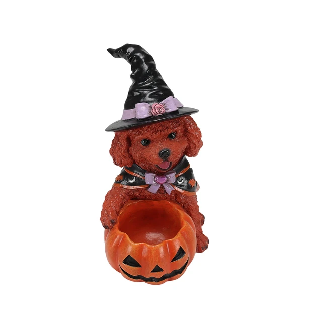 Alt view image 7 of 7 - Halloween Teddy Dog Witch Figurine, Puppy Holding Pumpkin Candy Bowl Decoration, Black Orange-Red Reddish Brown, Resin