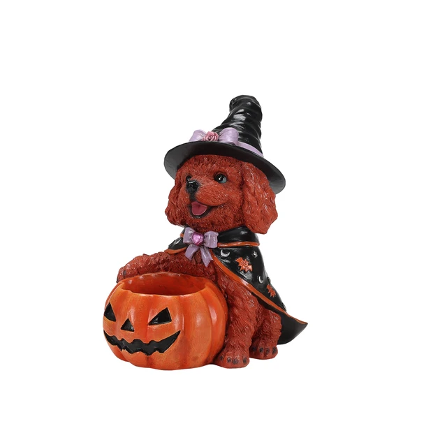 Alt view image 5 of 7 - Halloween Teddy Dog Witch Figurine, Puppy Holding Pumpkin Candy Bowl Decoration, Black Orange-Red Reddish Brown, Resin