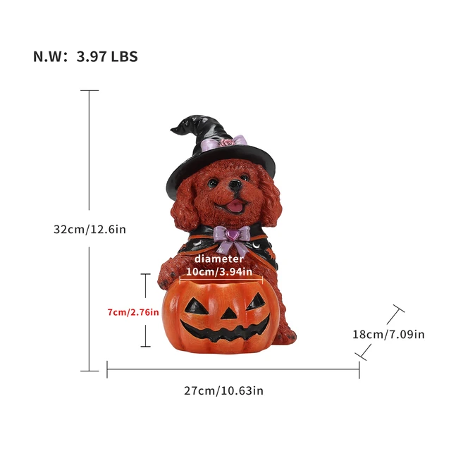 Alt view image 3 of 7 - Halloween Teddy Dog Witch Figurine, Puppy Holding Pumpkin Candy Bowl Decoration, Black Orange-Red Reddish Brown, Resin