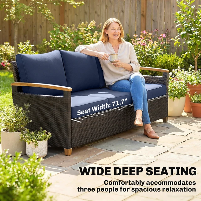 Alt view image 4 of 7 - Seater Outdoor Couch Sofa, Wicker Patio Couch with Wide Seating 4 Inch Foam Cushions Effect Armrests and Legs Patio
