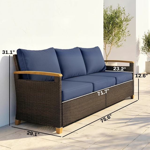 Alt view image 7 of 7 - Seater Outdoor Couch Sofa, Wicker Patio Couch with Wide Seating 4 Inch Foam Cushions Effect Armrests and Legs Patio