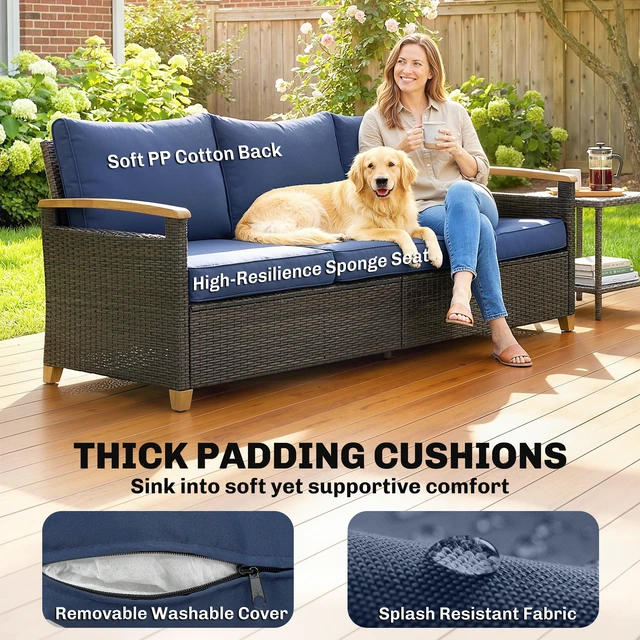 Alt view image 6 of 7 - Seater Outdoor Couch Sofa, Wicker Patio Couch with Wide Seating 4 Inch Foam Cushions Effect Armrests and Legs Patio