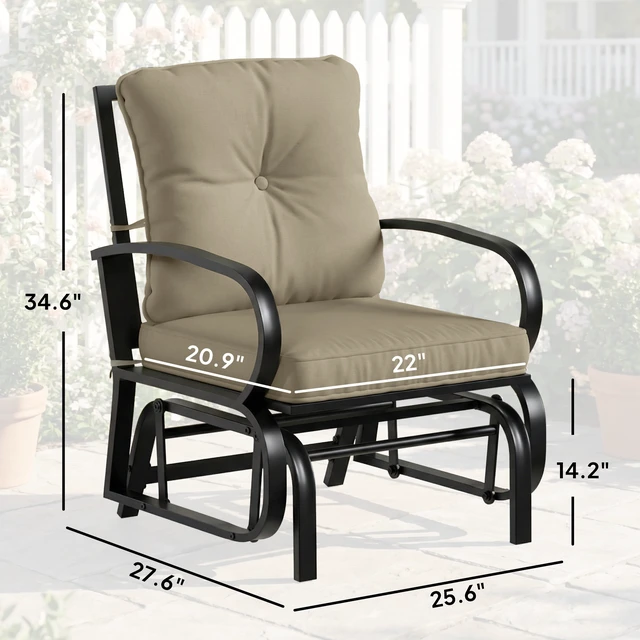 Alt view image 7 of 7 - Outdoor Glider Chair, Patio Glider with Cushions Steel Frame Curved Armrests Single Rocking Chair for Yard Garden