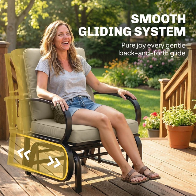 Alt view image 6 of 7 - Outdoor Glider Chair, Patio Glider with Cushions Steel Frame Curved Armrests Single Rocking Chair for Yard Garden