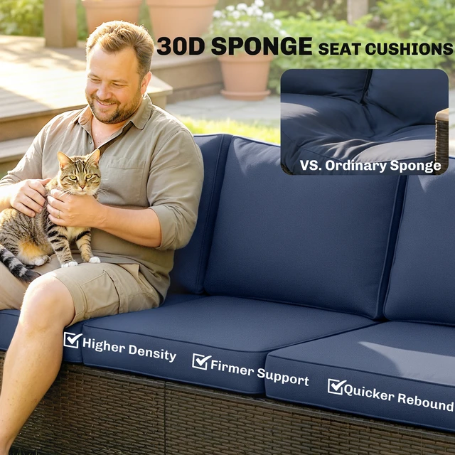 Alt view image 5 of 7 - Seater Outdoor Couch Sofa, Wicker Patio Couch with Wide Seating 4 Inch Foam Cushions Effect Armrests and Legs Patio