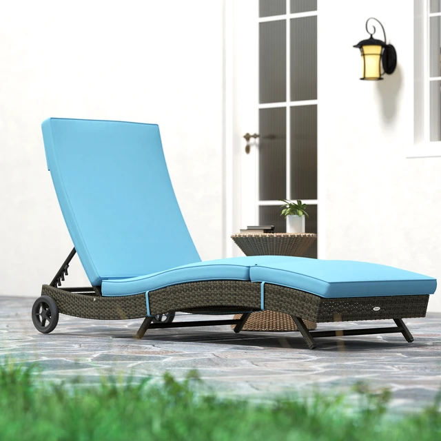 Alt view image 2 of 7 - Wicker Chaise Lounge Chair Outdoor with Wheels and Cushion, Rattan Patio Lounge Chair with 5 Level Adjustable Backrest