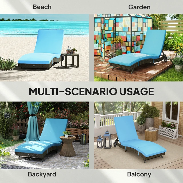 Alt view image 3 of 7 - Wicker Chaise Lounge Chair Outdoor with Wheels and Cushion, Rattan Patio Lounge Chair with 5 Level Adjustable Backrest
