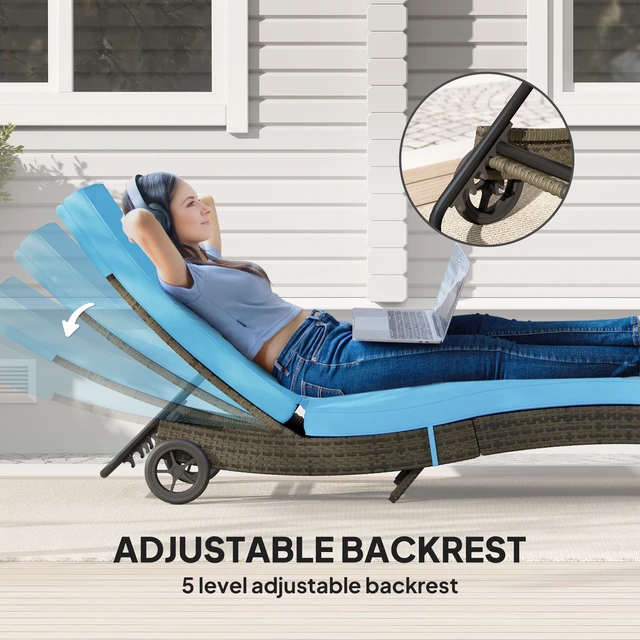 Alt view image 5 of 7 - Wicker Chaise Lounge Chair Outdoor with Wheels and Cushion, Rattan Patio Lounge Chair with 5 Level Adjustable Backrest