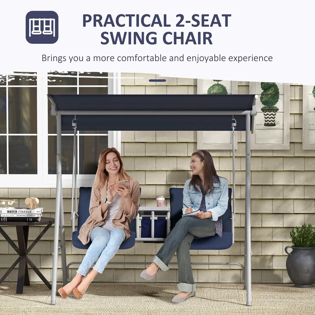 Alt view image 3 of 7 - 2 Person Swing with Stand, Outdoor Swing with Canopy Pivot Storage Table 2 Cup Holders Cushions for Patio, Dark Blue