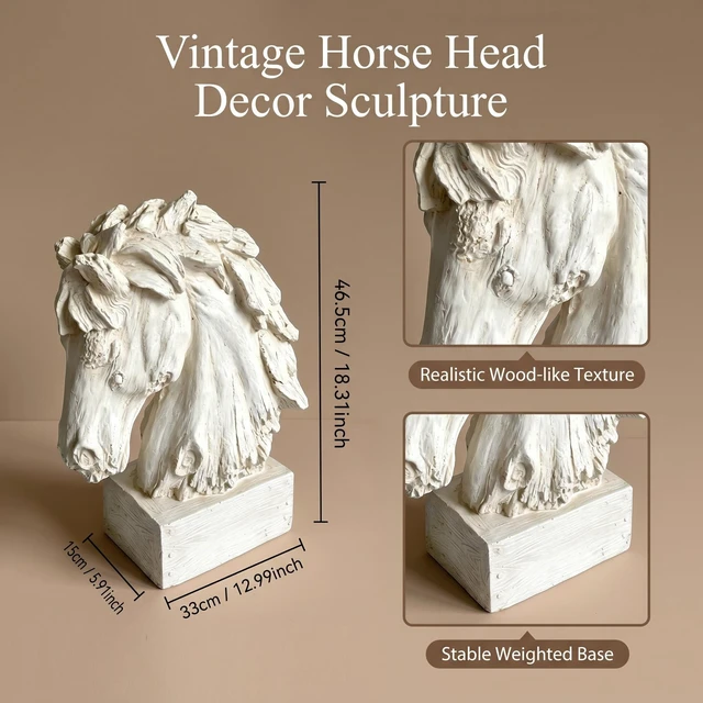 Alt view image 4 of 7 - Weathered Texture Horse Head Sculpture Decor, 19 Inch Handcrafted Polyresin Horse Bust Statue Western Art Tabletop