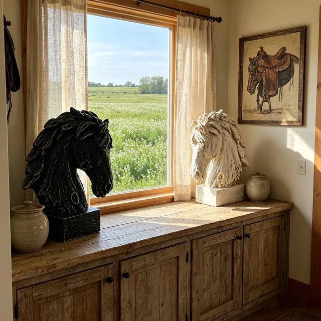 Alt view image 7 of 7 - Weathered Texture Horse Head Sculpture Decor, 19 Inch Handcrafted Polyresin Horse Bust Statue Western Art Tabletop