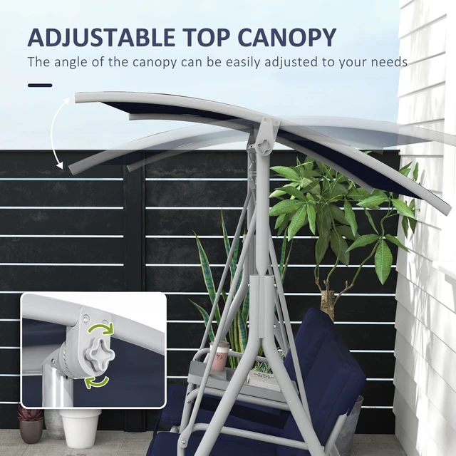 Alt view image 6 of 7 - 2 Person Swing with Stand, Outdoor Swing with Canopy Pivot Storage Table 2 Cup Holders Cushions for Patio, Dark Blue