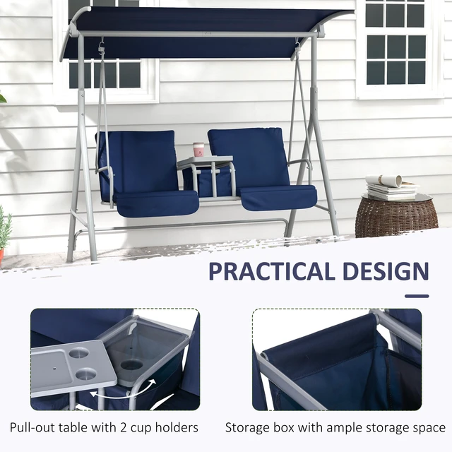 Alt view image 5 of 7 - 2 Person Swing with Stand, Outdoor Swing with Canopy Pivot Storage Table 2 Cup Holders Cushions for Patio, Dark Blue