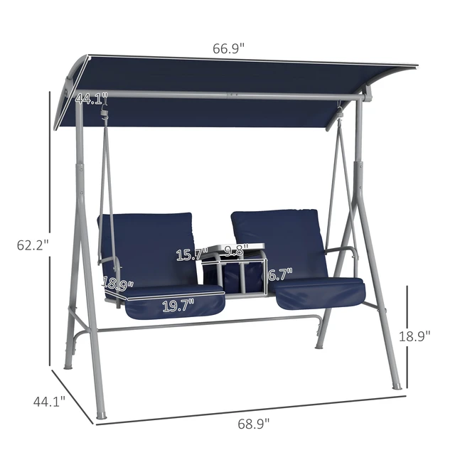 Alt view image 7 of 7 - 2 Person Swing with Stand, Outdoor Swing with Canopy Pivot Storage Table 2 Cup Holders Cushions for Patio, Dark Blue