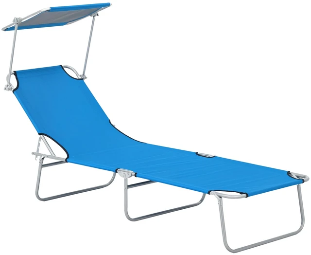 Main image of Outdoor Lounge Chair, Adjustable Folding Chaise Lounge Tanning Chair with Sun Shade for Beach Camping Hiking, Blue