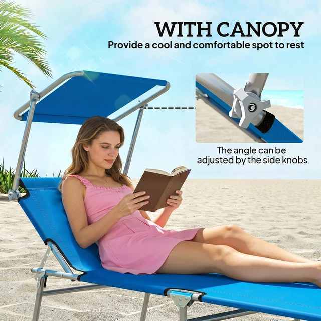 Alt view image 4 of 7 - Outdoor Lounge Chair, Adjustable Folding Chaise Lounge Tanning Chair with Sun Shade for Beach Camping Hiking, Blue