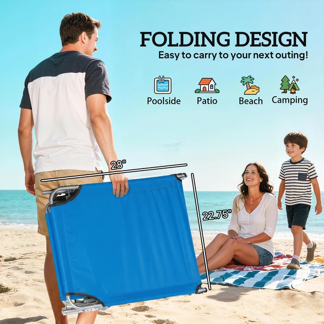 Alt view image 5 of 7 - Outdoor Lounge Chair, Adjustable Folding Chaise Lounge Tanning Chair with Sun Shade for Beach Camping Hiking, Blue