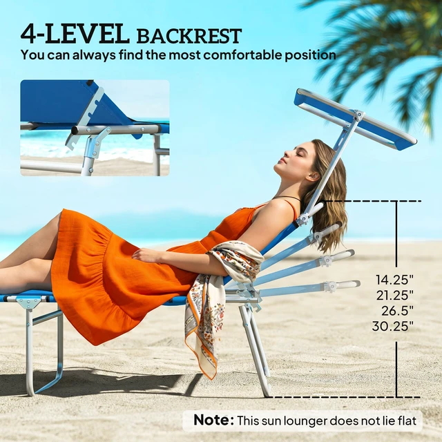 Alt view image 6 of 7 - Outdoor Lounge Chair, Adjustable Folding Chaise Lounge Tanning Chair with Sun Shade for Beach Camping Hiking, Blue