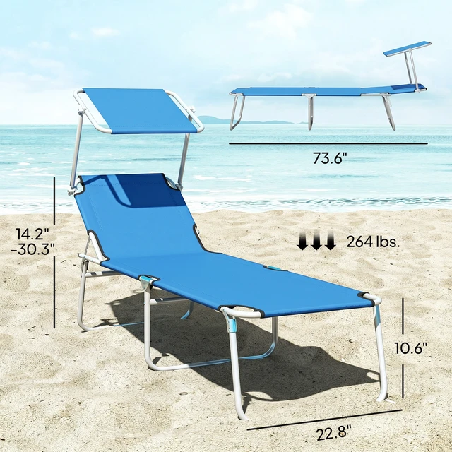Alt view image 7 of 7 - Outdoor Lounge Chair, Adjustable Folding Chaise Lounge Tanning Chair with Sun Shade for Beach Camping Hiking, Blue