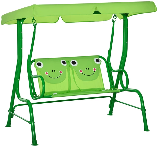 Main image of Kids Patio Swing, Seater Outdoor Swing Chair with Adjustable Canopy and Safety Belt Frog Pattern Hanging Bench