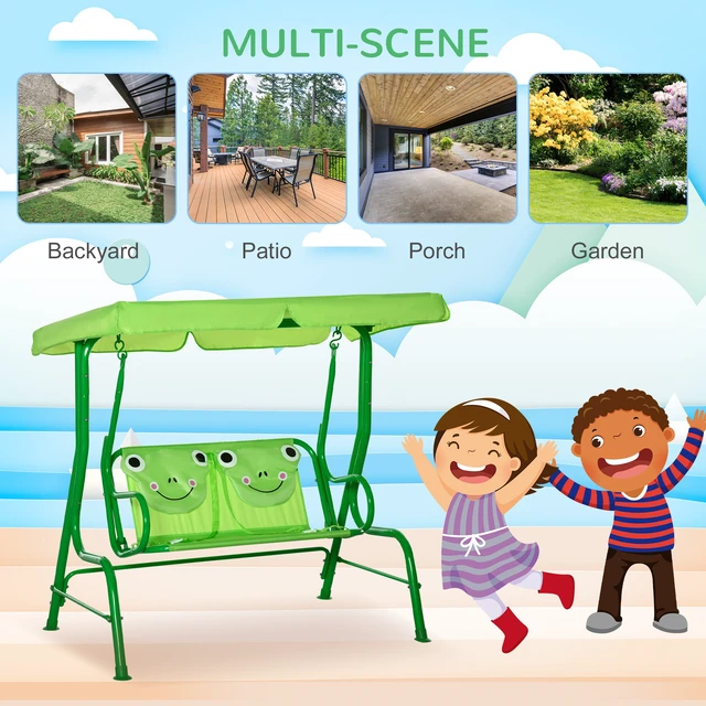 Alt view image 5 of 7 - Kids Patio Swing, Seater Outdoor Swing Chair with Adjustable Canopy and Safety Belt Frog Pattern Hanging Bench