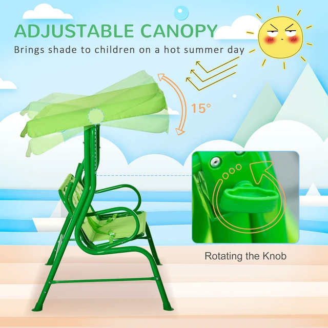 Alt view image 7 of 7 - Kids Patio Swing, Seater Outdoor Swing Chair with Adjustable Canopy and Safety Belt Frog Pattern Hanging Bench