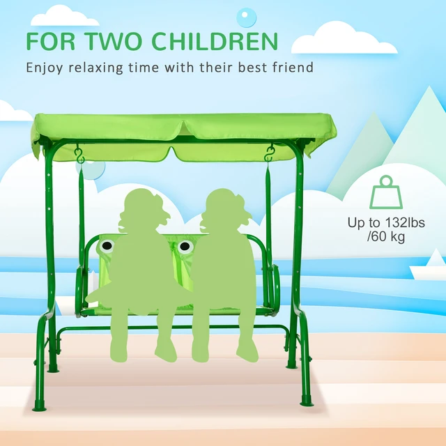 Alt view image 6 of 7 - Kids Patio Swing, Seater Outdoor Swing Chair with Adjustable Canopy and Safety Belt Frog Pattern Hanging Bench
