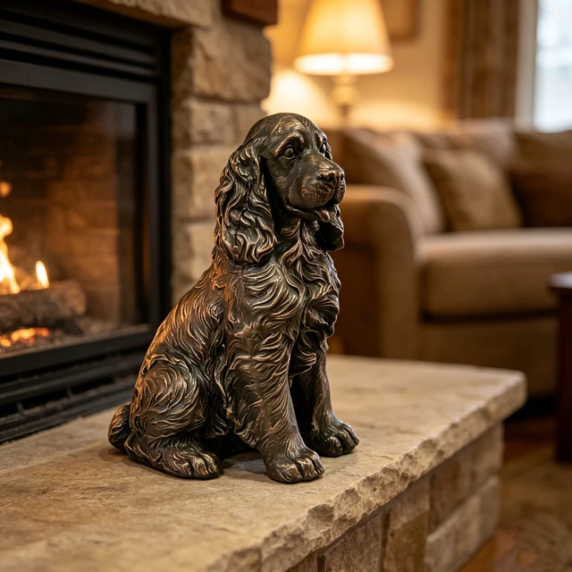 Alt view image 3 of 7 - 18 Inch Bronze Finish Realistic Sitting Cocker Spaniel Dog Statue, Lifelike Puppy Figurine Outdoor Garden Landscape