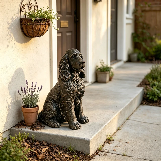 Alt view image 4 of 7 - 18 Inch Bronze Finish Realistic Sitting Cocker Spaniel Dog Statue, Lifelike Puppy Figurine Outdoor Garden Landscape