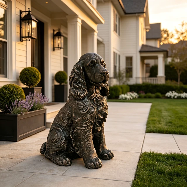 Alt view image 7 of 7 - 18 Inch Bronze Finish Realistic Sitting Cocker Spaniel Dog Statue, Lifelike Puppy Figurine Outdoor Garden Landscape