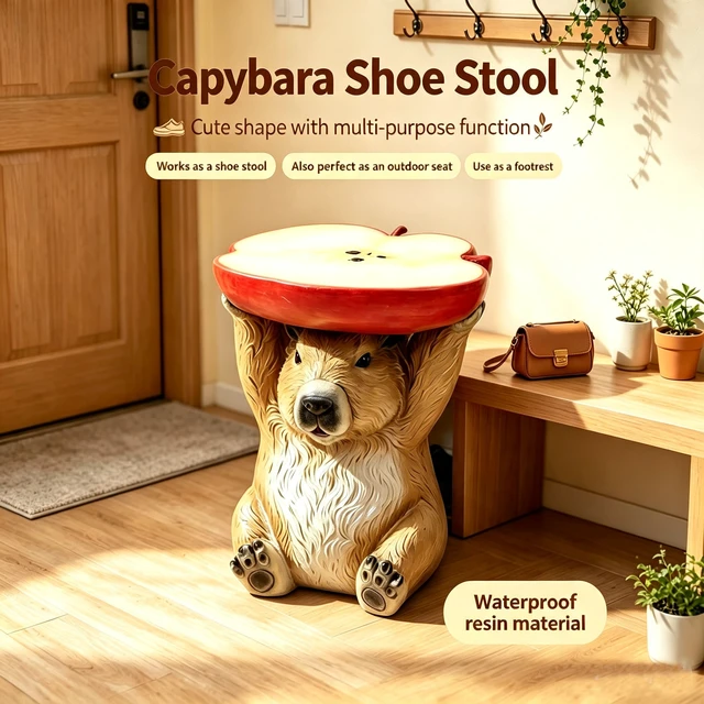 Alt view image 2 of 7 - 14 Inch Capybara Holding Apple Slice Stool, Animal Side Table Decor Indoor Outdoor Creative Figurine Seat for Patio