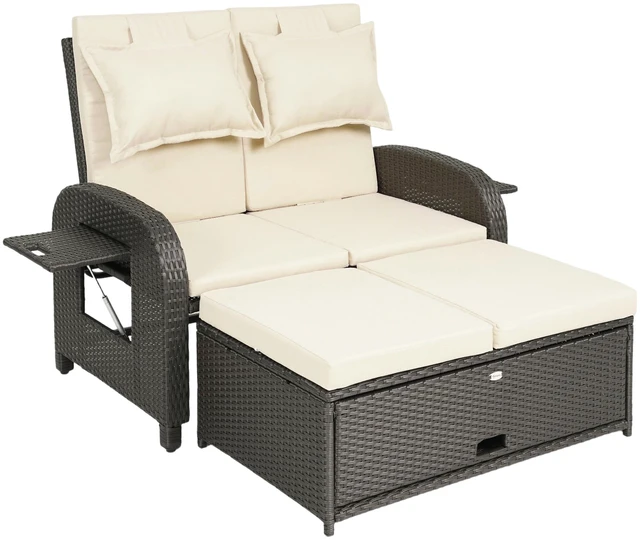 Main image of Patio Rattan Daybed, Wicker Outdoor Daybed with Storage Ottoman Loveseat Sofa with Adjustable Backrest Side Tables