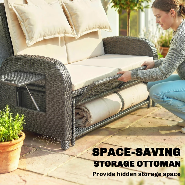 Alt view image 2 of 7 - Patio Rattan Daybed, Wicker Outdoor Daybed with Storage Ottoman Loveseat Sofa with Adjustable Backrest Side Tables