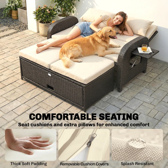 Alt view image 4 of 7 - Patio Rattan Daybed, Wicker Outdoor Daybed with Storage Ottoman Loveseat Sofa with Adjustable Backrest Side Tables
