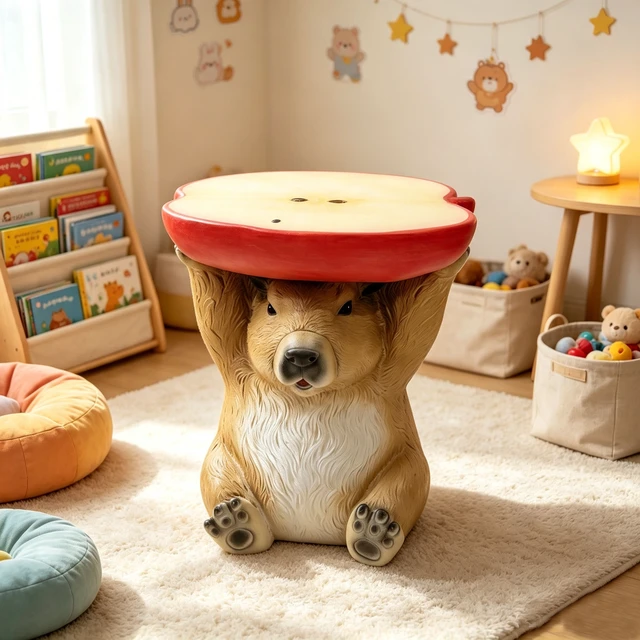 Alt view image 6 of 7 - 14 Inch Capybara Holding Apple Slice Stool, Animal Side Table Decor Indoor Outdoor Creative Figurine Seat for Patio