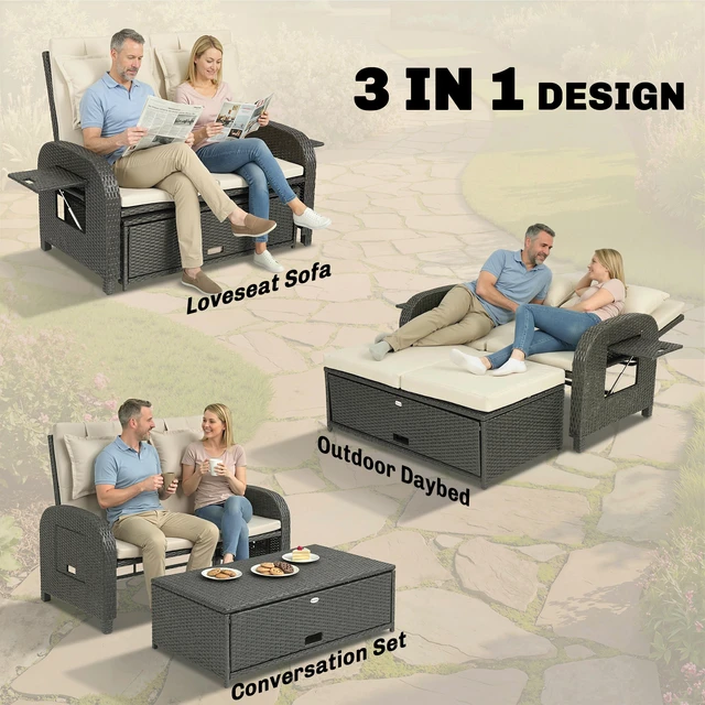 Alt view image 6 of 7 - Patio Rattan Daybed, Wicker Outdoor Daybed with Storage Ottoman Loveseat Sofa with Adjustable Backrest Side Tables