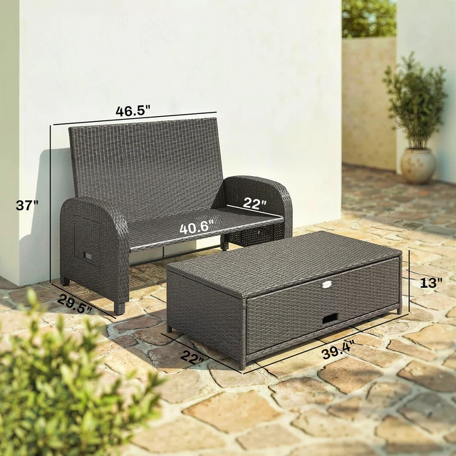 Alt view image 7 of 7 - Patio Rattan Daybed, Wicker Outdoor Daybed with Storage Ottoman Loveseat Sofa with Adjustable Backrest Side Tables