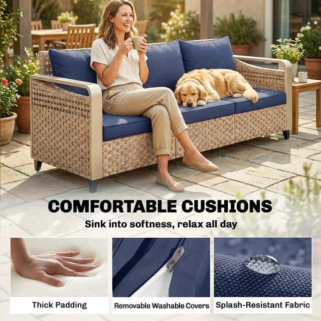 Alt view image 3 of 7 - Outdoor Patio Couch with Wide and Deep Seat, Seater Wicker Outdoor Sofa with Wide Metal Armrests Patio Furniture Couch