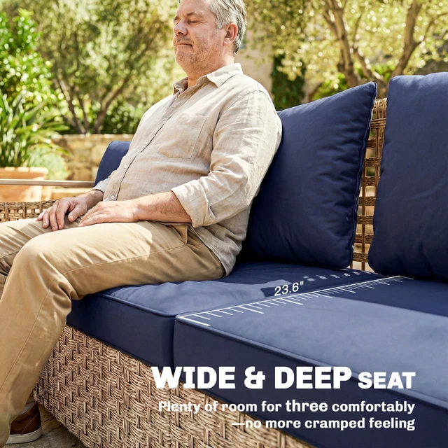 Alt view image 6 of 7 - Outdoor Patio Couch with Wide and Deep Seat, Seater Wicker Outdoor Sofa with Wide Metal Armrests Patio Furniture Couch