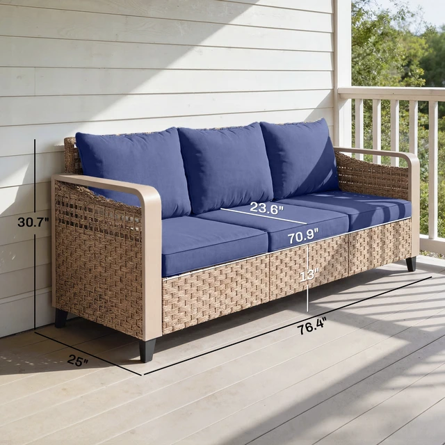 Alt view image 7 of 7 - Outdoor Patio Couch with Wide and Deep Seat, Seater Wicker Outdoor Sofa with Wide Metal Armrests Patio Furniture Couch