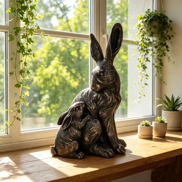 Alt view image 6 of 7 - 22 Inch Tall Mother Hare and Baby Cuddling Garden Statue, Wildlife Sculpture Decor for Walkway Flower Bed Lawn Patio