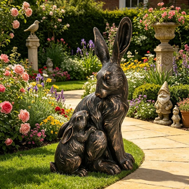 Alt view image 7 of 7 - 22 Inch Tall Mother Hare and Baby Cuddling Garden Statue, Wildlife Sculpture Decor for Walkway Flower Bed Lawn Patio