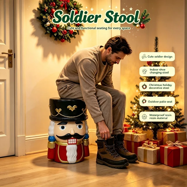 Alt view image 2 of 7 - 19 Inch Nutcracker Soldier Stool, Retro Christmas Character Side Table Decor Indoor and Outdoor Creative Figurine Seat
