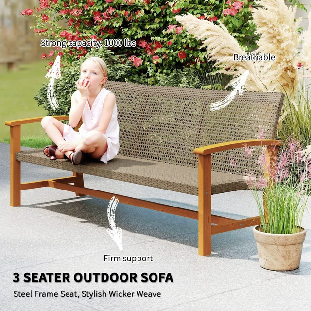 Alt view image 6 of 7 - Wicker Outdoor Couch, 3 Seat Rattan Outdoor Patio Sofa 1000 LBS Capacity Patio Furniture Couch with Steel Seat