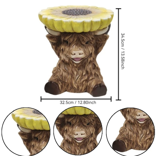 Alt view image 3 of 7 - 14 Inch Highland Cow Stool with Sunflower Top, Farm Animal Side Table Decor Indoor and Outdoor Creative Figurine Seat